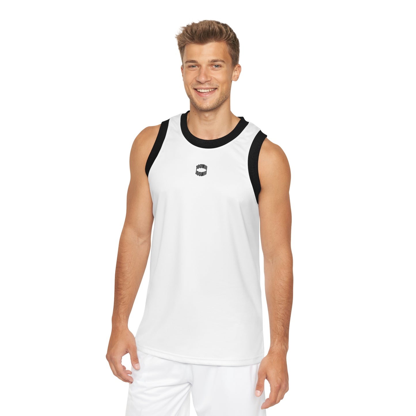Basketball Jersey — Minimal White AOP Tank with Black Trim